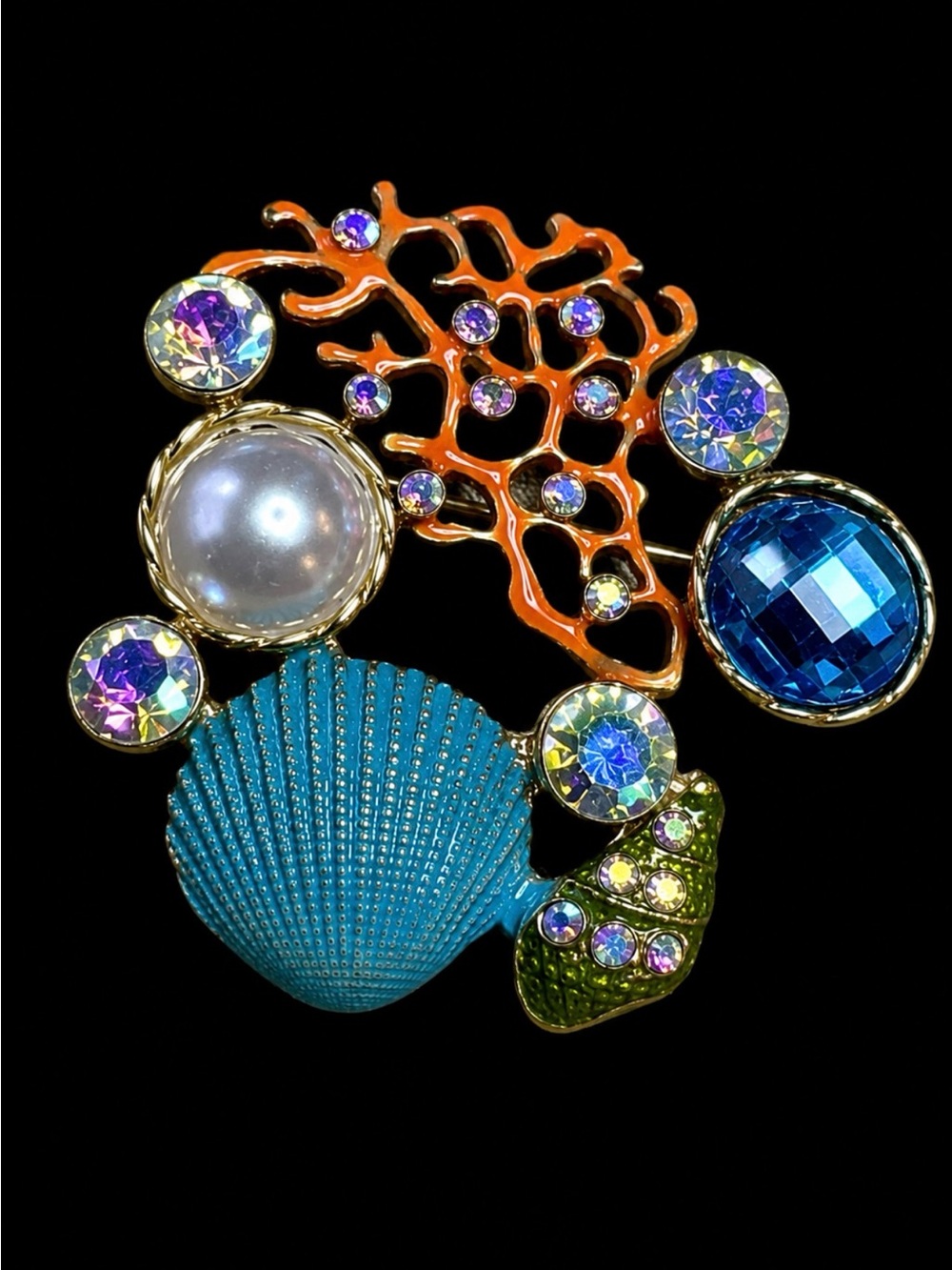 Turquoise Shell & Crystal Sea Brooch - Gold-Tone Accent